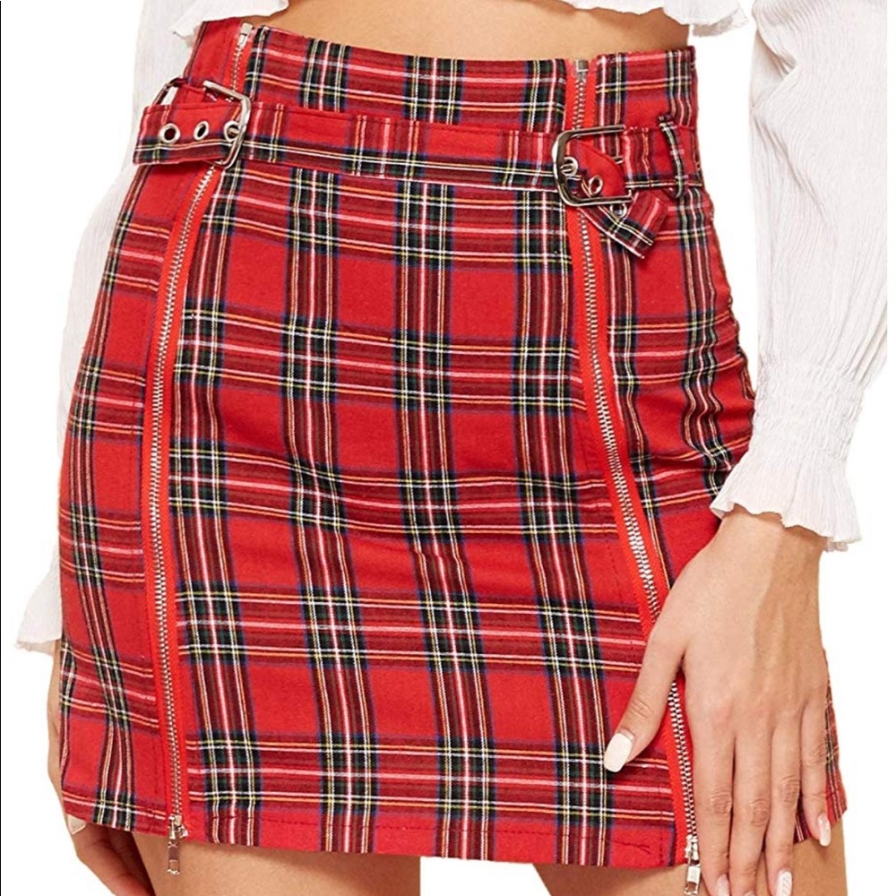 Red Plaid Zipper Buckle Skirt